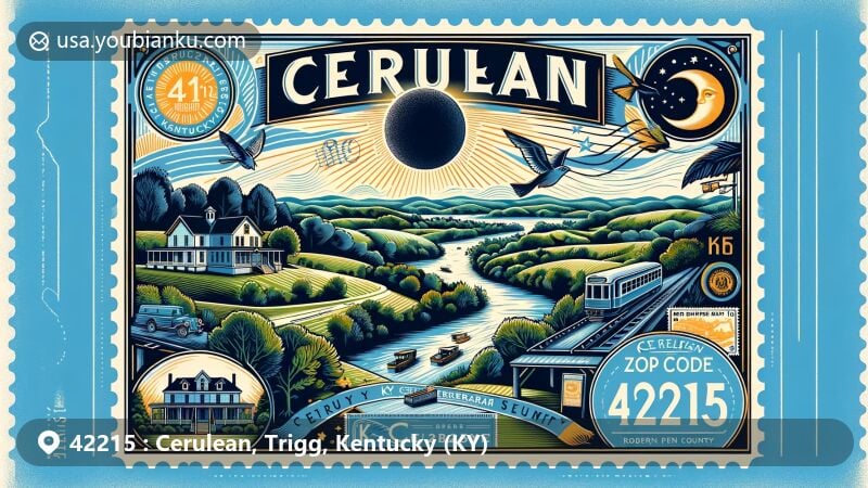 Modern illustration of Cerulean, Trigg County, Kentucky, showcasing postal theme with ZIP code 42215, featuring Cerulean Springs Hotel, Kentucky state flag, and Trigg County outlines.
