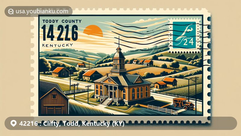 Modern illustration of Clifty, Todd County, Kentucky, showcasing pastoral landscape, gentle hills, and Todd County courthouse, symbolizing agricultural heritage and architectural significance.