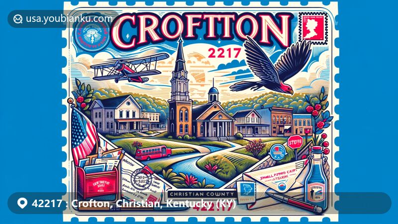 Modern illustration of Crofton, Christian County, Kentucky, capturing small-town charm and key landmarks, with postal-themed design featuring Kentucky state flag and ZIP code 42217.