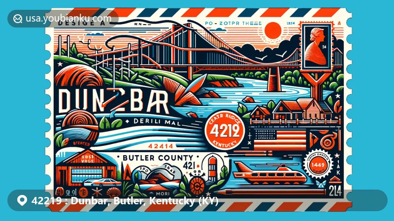 Modern illustration of Dunbar, Butler County, Kentucky, inspired by postal theme with ZIP code 42219, showcasing Green River, Cedar Ridge Speedway, Mammoth Cave National Park, and Big Four Bridge.