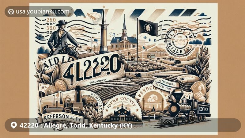 Creative modern illustration of Allegre, Todd County, Kentucky, showcasing stylish air mail envelope with local landmarks like Jefferson Davis Monument, representing county's history. Includes elements of agriculture, birthplace of notable figures, Kentucky state flag, and Todd County outline.