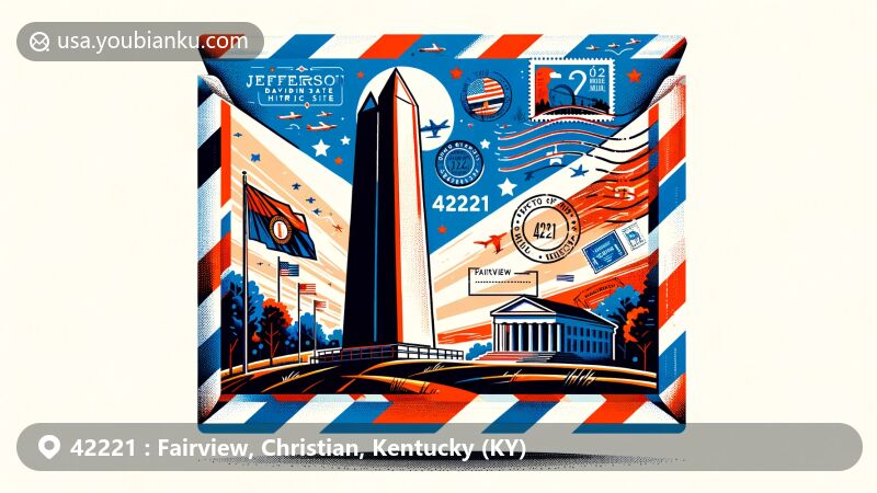 Modern illustration of Fairview, Christian County, Kentucky, portraying the obelisk of Jefferson Davis State Historic Site, ZIP Code 42221, and airmail envelope theme with Kentucky state symbols.