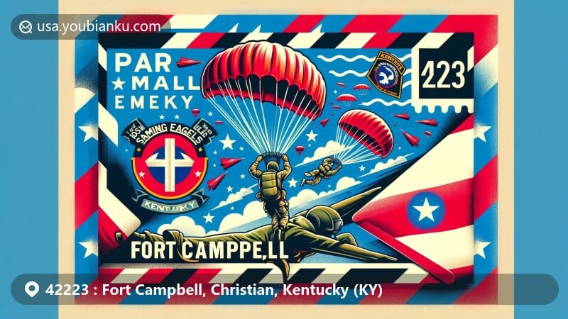Modern illustration of Fort Campbell, Christian County, Kentucky, showcasing postal theme with ZIP code 42223, featuring 101st Airborne Division emblem and 'Screaming Eagles,' integrating Kentucky symbols.