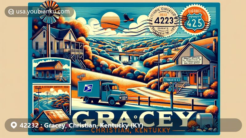 Modern illustration of the Gracey area in Christian County, Kentucky, highlighting postal theme with ZIP code 42232, featuring the local post office on Tobacco Road, U.S. Route 68/Kentucky Route 80, and natural beauty of western Christian County.