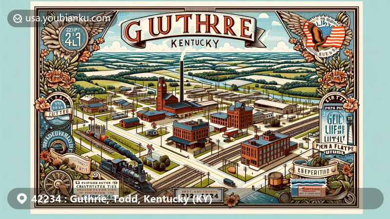 Modern illustration of Guthrie, Todd County, Kentucky, highlighting postal theme with ZIP code 42234, featuring Guthrie Plant's railroad ties and historic postal motifs.