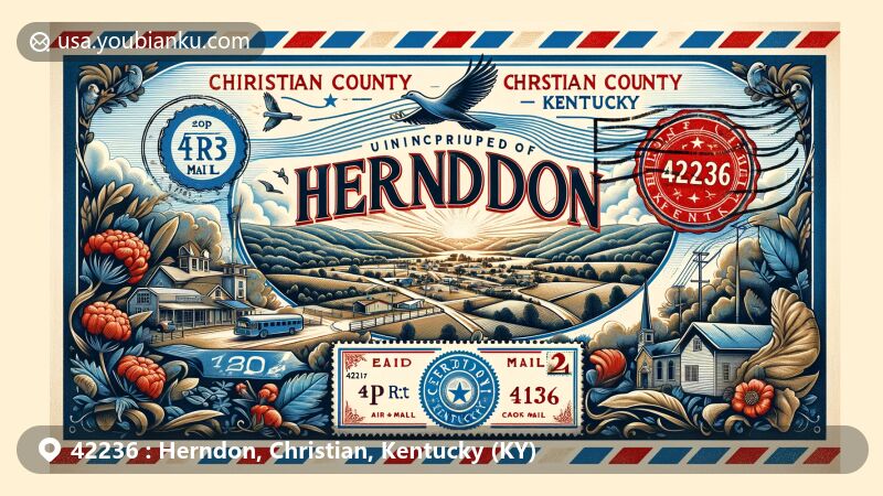 Modern illustration of Herndon, Christian County, Kentucky, within a vintage air mail envelope showcasing the postal theme with ZIP code 42236, featuring Kentucky Route 107 and Kentucky Route 117 intersection and emblematic local flora.