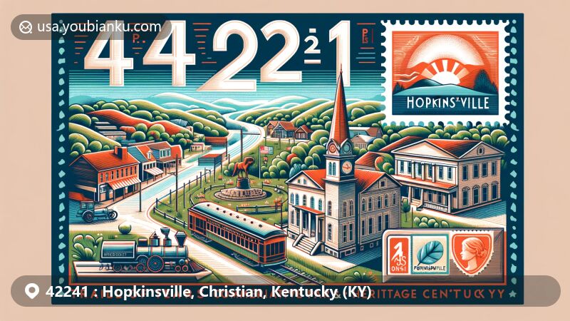 Modern illustration of Hopkinsville, Christian County, Kentucky, highlighting Trail of Tears Commemorative Park and Heritage Center, Pennyroyal Area Museum, with vintage postal elements like stamps, envelopes, and Hopkinsville postmark.
