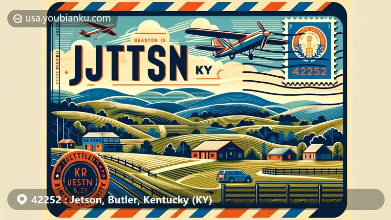 Modern illustration of Jetson, Butler County, Kentucky, featuring rolling hills, rural landscape, and small-town charm, with vintage airmail envelope design and Kentucky state flag.