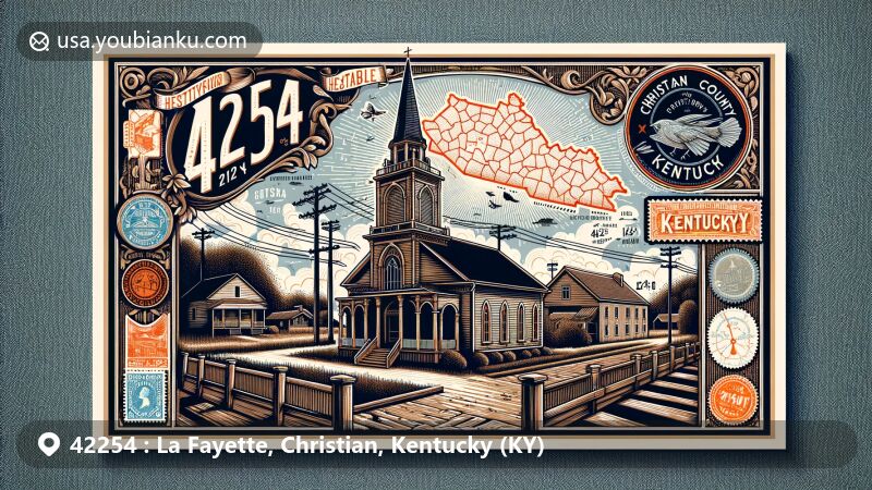 Creative modern illustration of La Fayette, Christian County, Kentucky, with vintage postcard theme, showcasing historic Lafayette Methodist Church, Christian County outline, and ZIP code 42254.