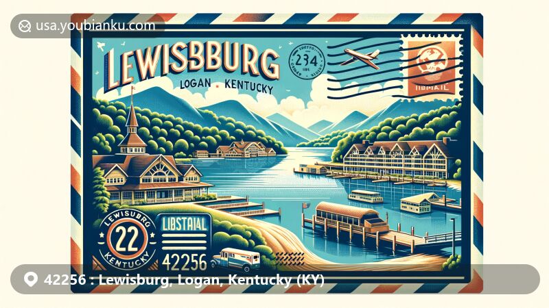 Illustration of Lewisburg area in Logan County, Kentucky, featuring vintage airmail envelope with scenic view of Spa Lake on the front, showcasing Shady Cliff restaurant, cabins, and dock in the background, symbolizing the vibrancy and charm of the Lewisburg community.
