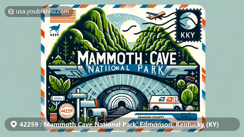 Contemporary illustration of Mammoth Cave National Park in Edmonson County, Kentucky, featuring symbolic entrance to the cave amidst lush greenery.
