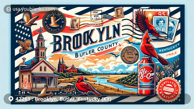 Modern illustration of Brooklyn, Butler County, Kentucky, representing ZIP code 42261, featuring postal theme elements like air mail envelope, stamps, and postmarks, alongside Kentucky state symbols including the flag, Northern Cardinal, and Ale-8-One soft drink.