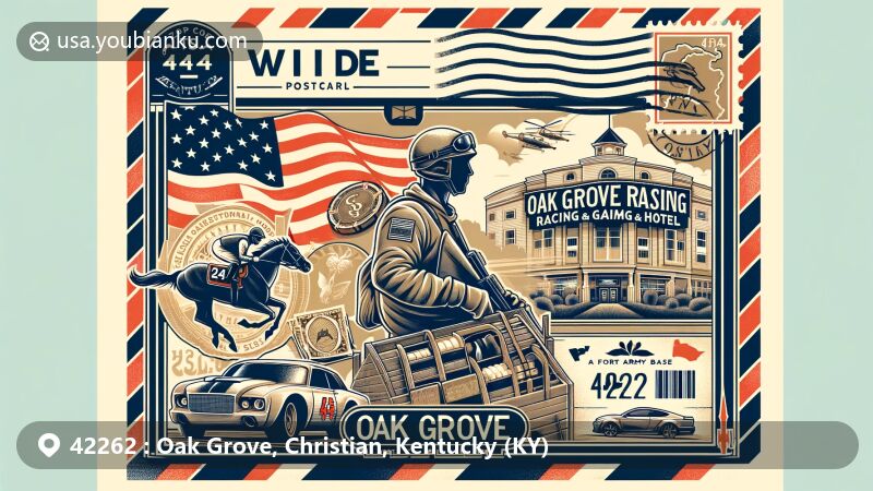 Modern illustration of Oak Grove, Kentucky, highlighting postal theme with ZIP code 42262, showcasing Oak Grove Racing, Gaming & Hotel and Fort Campbell military base, featuring Kentucky state flag and airmail envelope.