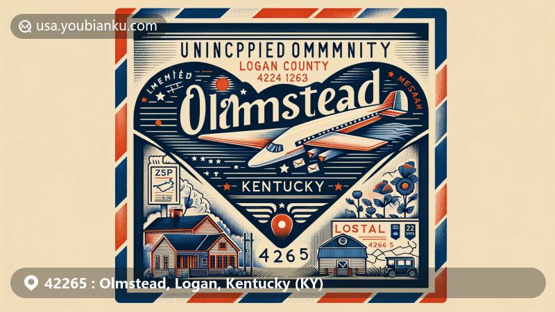 Modern illustration representing Olmstead, Logan County, Kentucky, with a postal theme and ZIP code 42265, featuring vintage airmail envelope, local symbols, and Logan County outline.