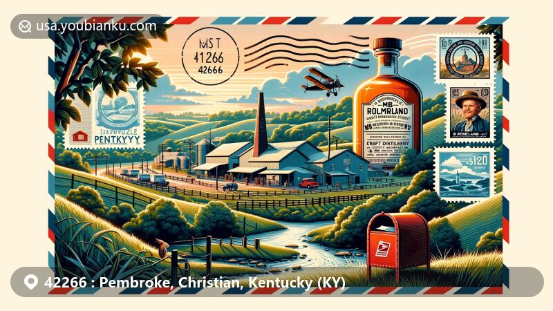 Modern illustration of Pembroke, Christian County, Kentucky, capturing the natural beauty with a focus on MB Roland Distillery, known for Kentucky Bourbon and moonshine, enveloped by a vintage airmail theme with landmarks, ZIP code 42266, and a classic red mailbox.