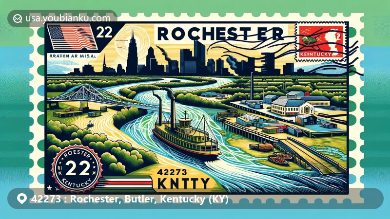 Modern illustration of Rochester, Kentucky, representing ZIP code 42273, featuring Green and Mud rivers confluence, Rochester Ferry, and state of Kentucky silhouette, with vintage air mail envelope and postal themes.