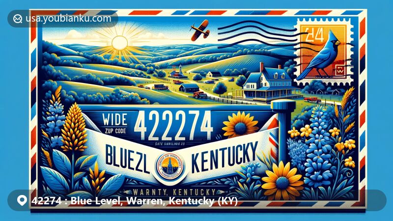 Modern illustration of Blue Level, Warren County, Kentucky, showcasing postal theme with ZIP code 42274, featuring iconic Kentucky landscapes, goldenrod flower, and northern cardinal.