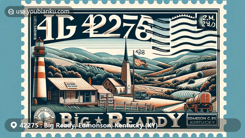 Modern illustration of Big Ready, Edmonson County, Kentucky, highlighting postal theme with ZIP code 42275, featuring rolling hills and natural landscape of the area.