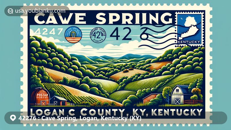 Modern illustration of Cave Spring, Logan County, Kentucky, celebrating rural charm with postal elements and lush greenery, including vintage postcard motif, Kentucky state flag stamp, and 42276 ZIP code.