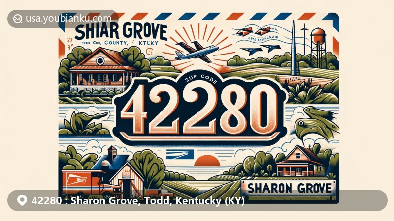 Modern illustration of Sharon Grove, Todd County, Kentucky, showcasing postal theme with ZIP code 42280, blending key symbols of the community like Sharon Grove Community Park and representing rural beauty and historic background.