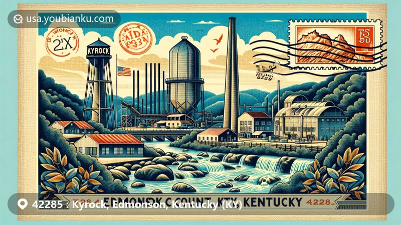 Vintage-style postcard illustration of Kyrock, Edmonson County, Kentucky, showcasing historical significance as world's largest producer of natural rock asphalt, featuring Nolin River and iconic Kentucky symbols.
