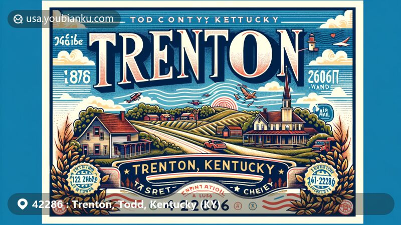 Modern illustration of Trenton, Todd County, Kentucky, capturing the historical charm and small-town pride of the city since its founding in 1796 and incorporation in 1840, named after Trenton, New Jersey in 1819. Featuring ZIP code 42286, rural landscapes, traditional architecture, and local landmarks.