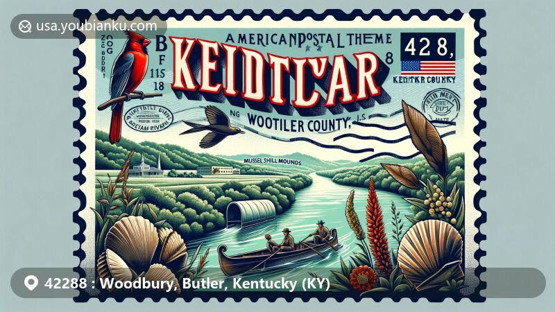 Wide-format illustration of Woodbury, Butler County, Kentucky, highlighting ZIP code 42288 with vintage air mail envelope, Green River, mussel shell mounds, and Kentucky state symbols.