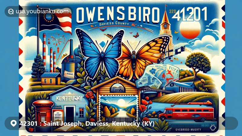 Creative illustration of Owensboro, Daviess County, Kentucky, with ZIP code 42301, showcasing state symbols like the Kentucky flag, tulip poplar tree, and viceroy butterfly, blending bourbon heritage, Ohio River, and Bluegrass music culture.