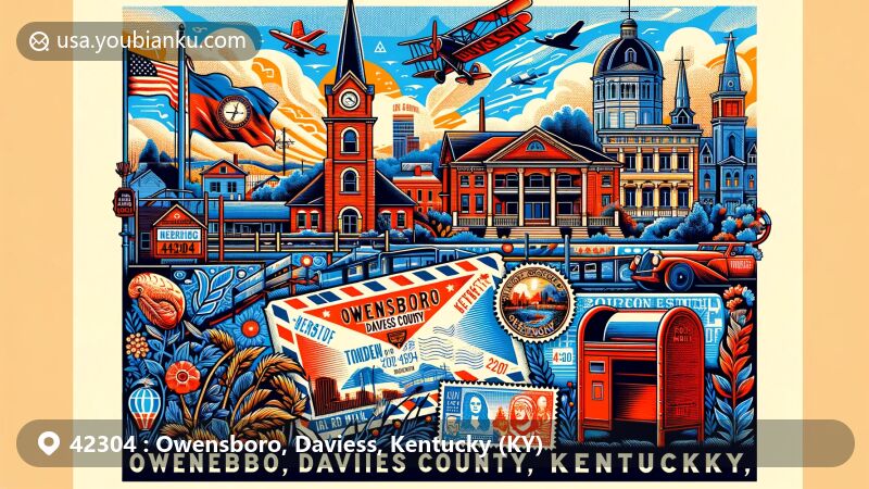 Colorful illustration of Owensboro, Daviess County, Kentucky, representing ZIP Code 42304 and featuring iconic landmarks like Temple Adath Israel, Odd Fellows Building, and the World's Largest Sassafras Tree, along with postal themes and Kentucky's state flag.