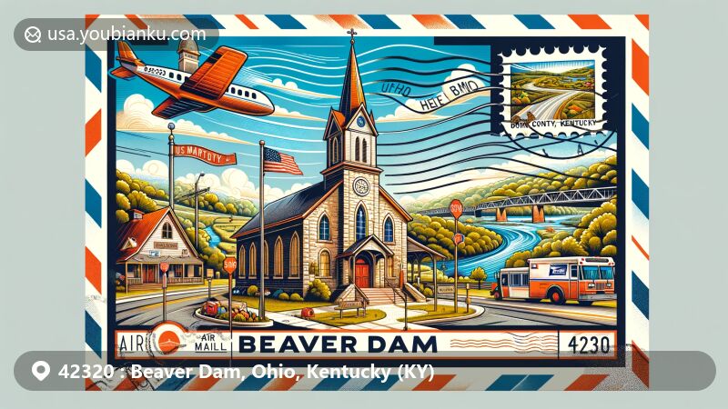 Modern illustration of Beaver Dam, Ohio County, Kentucky, showcasing postal theme with ZIP code 42320, featuring Beaver Dam Baptist Church and U.S. Routes 62 and 231.