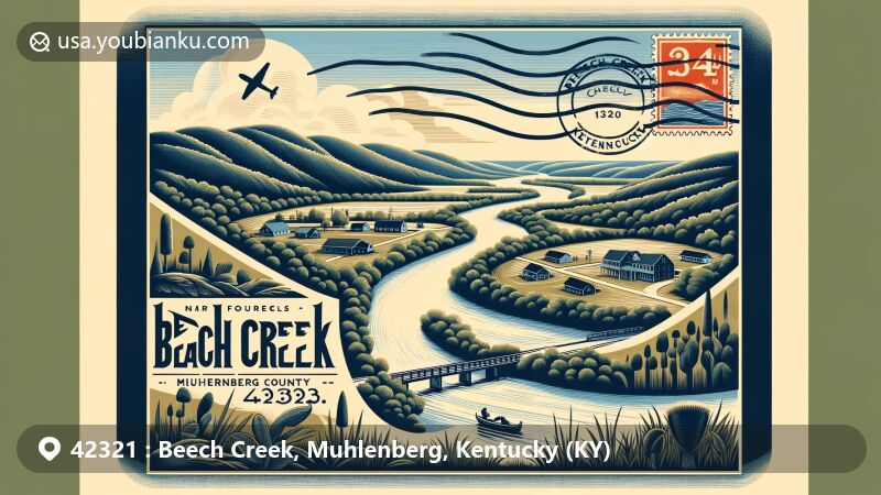 Modern illustration of Beech Creek, Muhlenberg, Kentucky, highlighting the ZIP code 42321, featuring rolling hills, river flatlands, Green River, and Lake Malone. Vintage airmail envelope adds postal theme.
