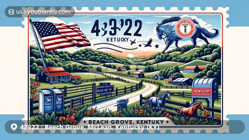 Modern illustration of Beech Grove, McLean County, Kentucky, featuring postal theme with ZIP code 42322, showcasing picturesque intersection of Kentucky Routes 56 and 136, surrounded by Kentucky state flag, rolling hills, and horse farms.