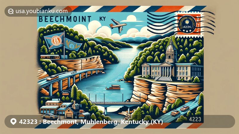 Modern illustration of Beechmont, Muhlenberg, Kentucky, showcasing Lake Malone's sandstone cliffs, Muhlenberg County Courthouse, and Kentucky state flag, with a postal theme highlighting ZIP code 42323 and Green River postage stamp.