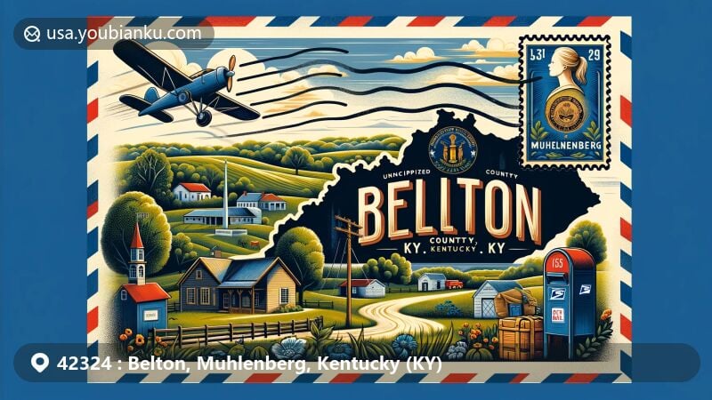 Modern illustration of Belton, Muhlenberg County, Kentucky, blending natural beauty with postal themes, showcasing tranquil countryside and symbolic representation of the region.