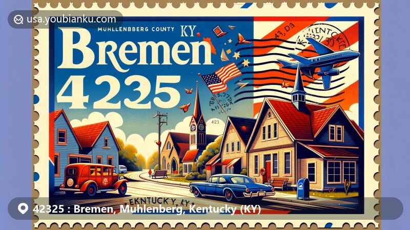 Modern illustration of Bremen, Muhlenberg County, Kentucky, highlighting ZIP code 42325 and combining rural scenery with postal theme, featuring vintage elements like postal car, mailbox, and postmark.