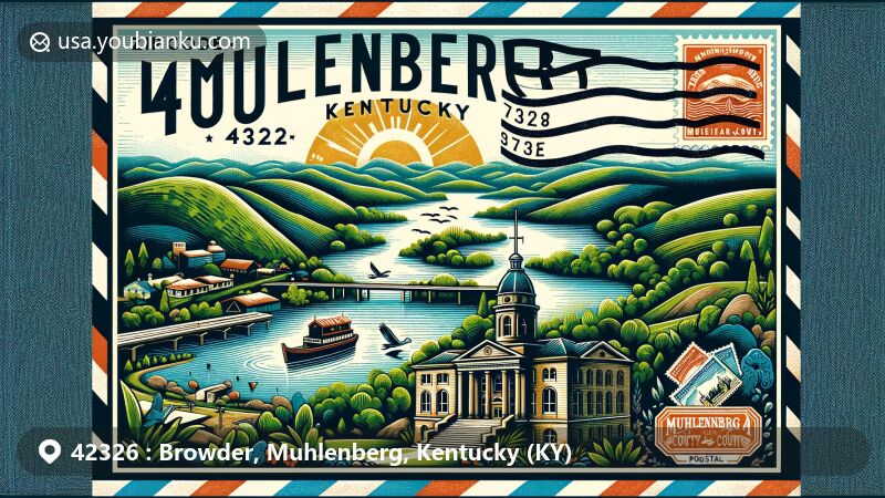 Modern illustration of Browder, Muhlenberg County, Kentucky, showcasing postal theme with ZIP code 42326, featuring Green River, Lake Malone, and Muhlenberg County Courthouse.