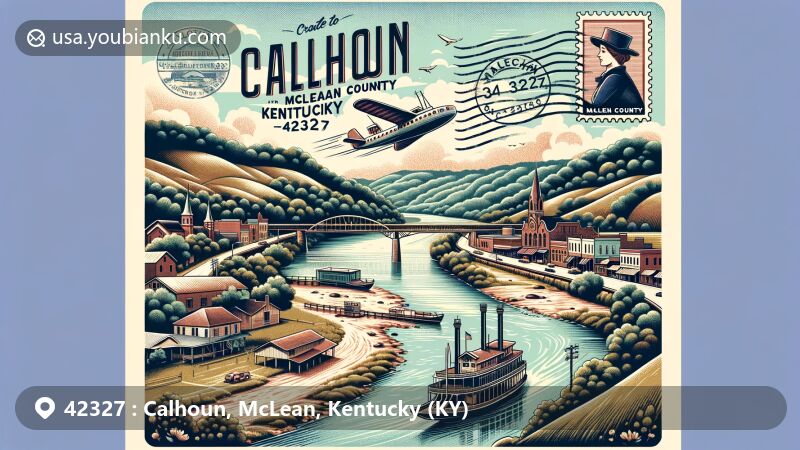 Modern illustration of Carlisle City, McCracken County, Kentucky, depicting postal theme with ZIP code 42327, showcasing picturesque Green River, historic transportation route, vibrant Main Street scene with Kentucky Route 81, gentle hills and valleys typical of McCracken County. The artwork features a retro-style postcard or airmail envelope highlighting stamps, postmarks, and '42327' postal code, including symbolic representations of McCracken County like Green River or an iconic steamboat, commemorating the county's steamboat history. The design style is contemporary and illustrative, suitable for web graphics, with bright and appealing colors reflecting the warmth and community spirit of Carlisle and McCracken County.