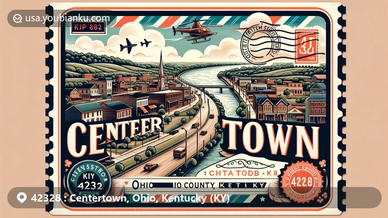 Modern illustration of Centertown, Ohio County, Kentucky, featuring Main Street and the Green River, with postal elements like 'Centertown 42328' stamp, postmark, and mailbox icon, along with Kentucky state flag.
