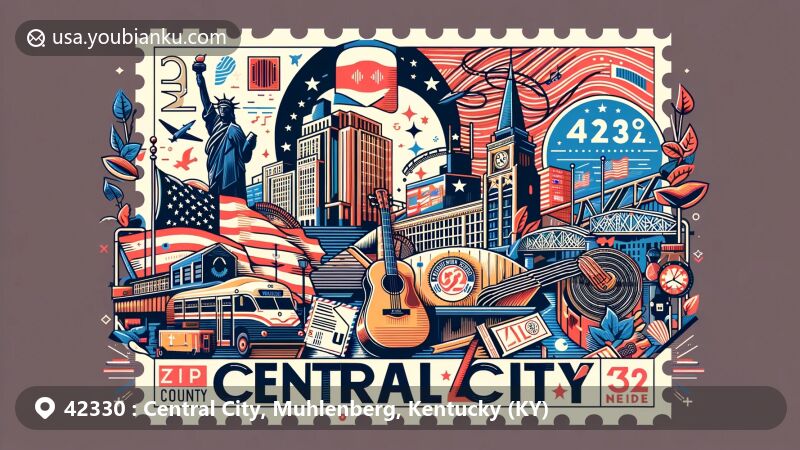 Contemporary illustration portraying Central City, Muhlenberg County, Kentucky, representing ZIP code 42330. Features include the Kentucky state flag, outline of Muhlenberg County, and landmarks like the Everly Brothers monument, capturing the city's musical heritage and postal essence.