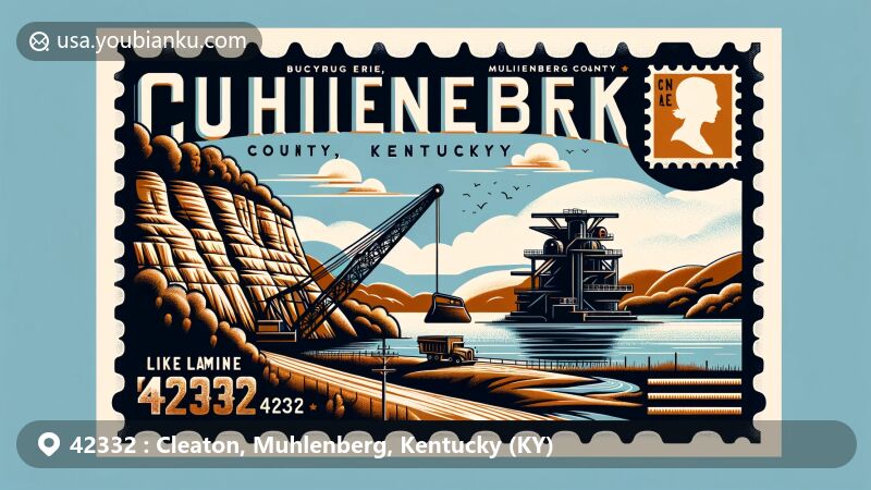 Modern illustration of Cleaton, Muhlenberg County, Kentucky, featuring ZIP code 42332, showcasing Lake Malone and sandstone cliffs, with nods to coal mining history.