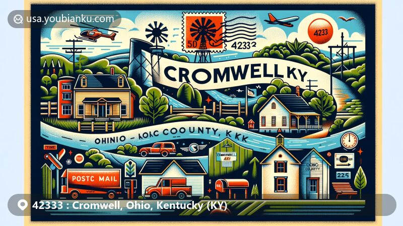 Modern illustration of Cromwell, Ohio County, Kentucky, with ZIP code 42333, capturing natural beauty and outdoor activities with Red River Gorge, Daniel Boone National Forest, and Cave Run Lake.