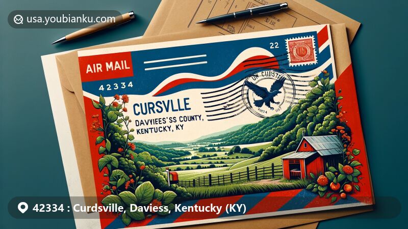 Creative illustration of Curdsville, Daviess County, Kentucky, ZIP Code 42334, blending local scenery with postal theme, including lush landscapes and vintage map outline of Daviess County.