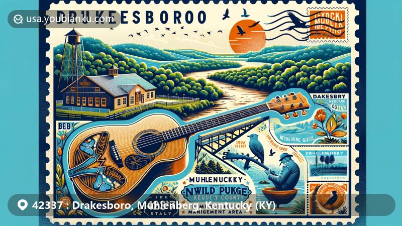 Modern illustration of Drakesboro, Muhlenberg County, Kentucky, featuring Peabody Wildlife Management Area and Kentucky's musical heritage with thumb picking guitar style and nods to Mose Rager and Merle Travis. The design includes postal elements like a stamp and ZIP code 42337, set against lush greenery.