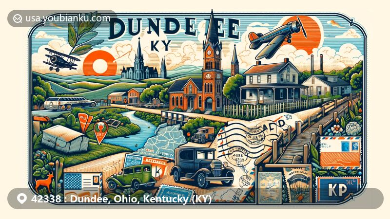 Modern illustration of Dundee, Kentucky, and Ohio County in ZIP code 42338, blending postal theme with local landscape featuring humid subtropical climate, Kentucky, and Ohio County symbols.