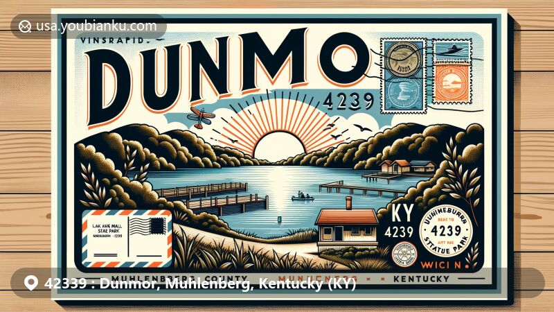 Modern illustration of Dunmor, Muhlenberg County, Kentucky, with ZIP code 42339, featuring Lake Malone State Park and a postcard theme with vintage postal elements.