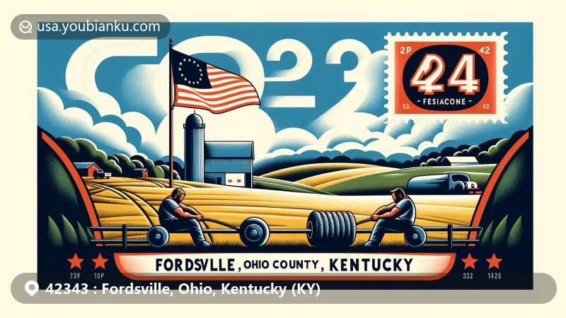 Modern illustration of Fordsville, Ohio County, Kentucky, creatively styled as a postcard or air mail envelope, representing ZIP code 42343.