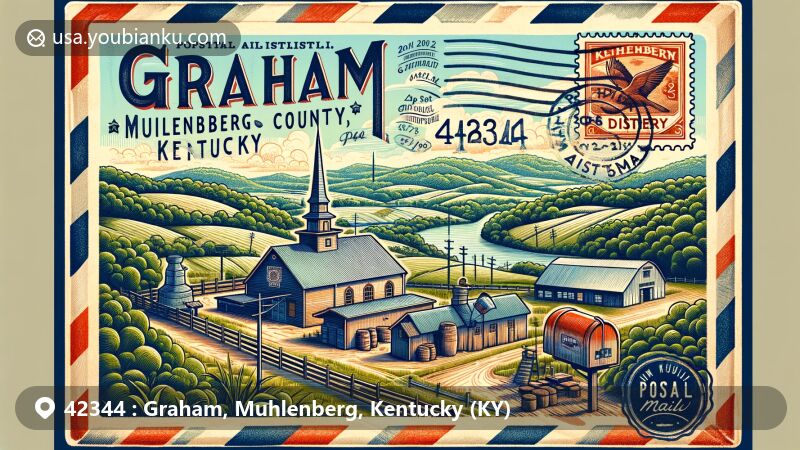 Illustration of Graham, Muhlenberg County, Kentucky, featuring rolling hills, lush forests, and The Bard Distillery as a symbol of local culture and history. Vintage air mail envelope with ZIP code 42344, Kentucky state flag, Graham, KY postal cancellation mark, and classic mailbox sketch.