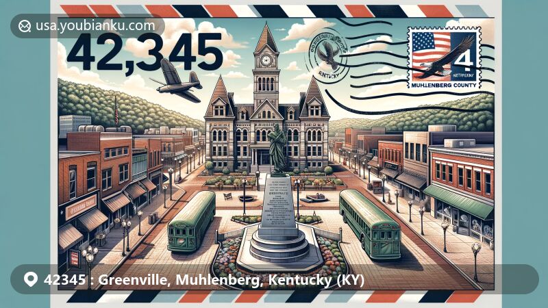 Modern illustration of Greenville, Muhlenberg County, Kentucky, highlighting downtown area with historic courthouse, 9/11 Memorial, and Lt. Ephraim Brank Memorial, featuring airmail envelope border with Kentucky state symbols and postal themes.