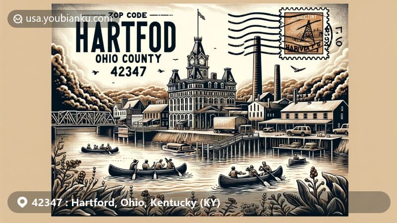 Vintage-style illustration of Hartford, Ohio County, Kentucky, reminiscent of a postcard or air mail envelope, showcasing Rough River for canoeing, and downtown Hartford Historic District.