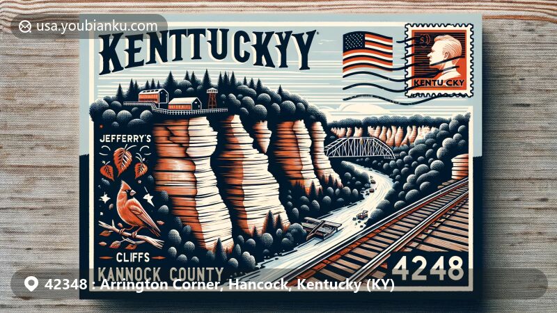 Modern illustration of Arrington Corner area, Hancock County, Kentucky, focusing on the Jefferys Cliffs Conservation & Recreation Area, featuring sandstone cliffs, wooded scenery, and trails, incorporating Kentucky state symbols and postal elements.